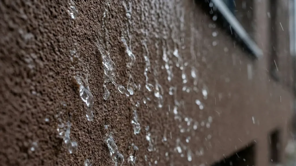 Krople wody spływające po elewacji z powłoką StoLotusan z efektem lotosu, ukazujące hydrofobowe właściwości samoczyszczącego tynku elewacyjnego