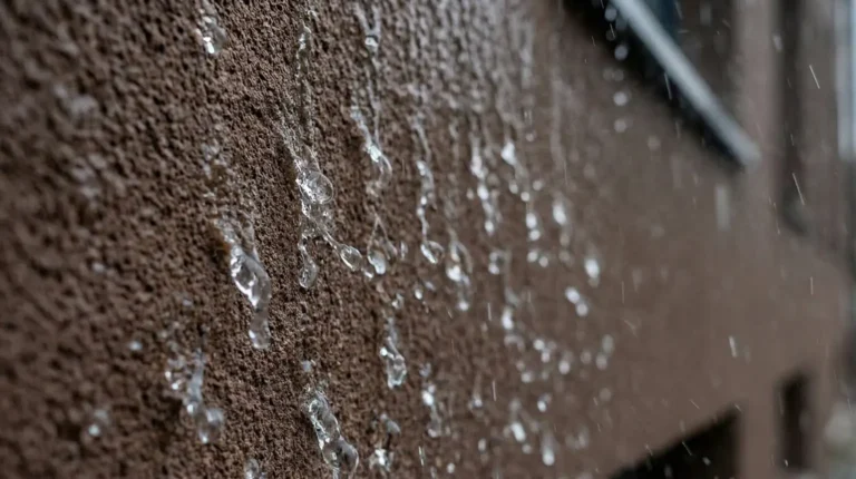 Krople wody spływające po elewacji z powłoką StoLotusan z efektem lotosu, ukazujące hydrofobowe właściwości samoczyszczącego tynku elewacyjnego