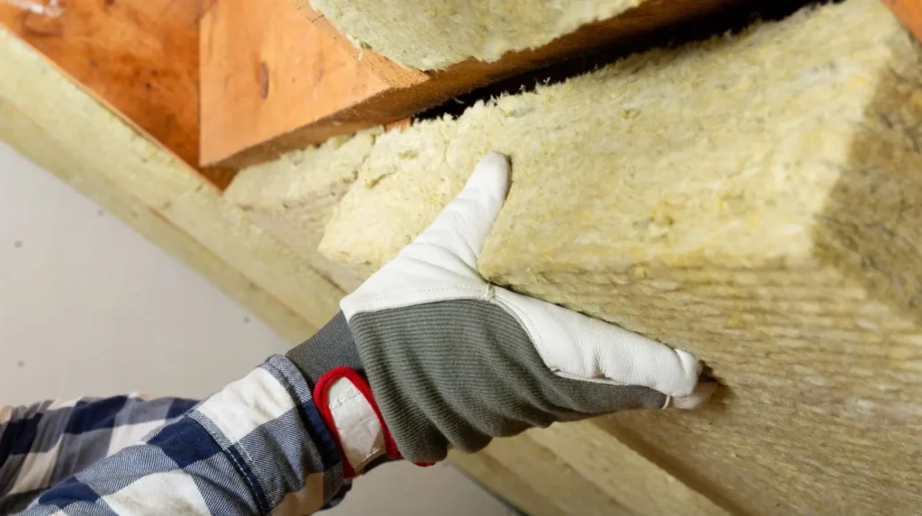 Pracownik instalujący płyty izolacji termicznej na ścianie zewnętrznej podczas prac termomodernizacyjnych